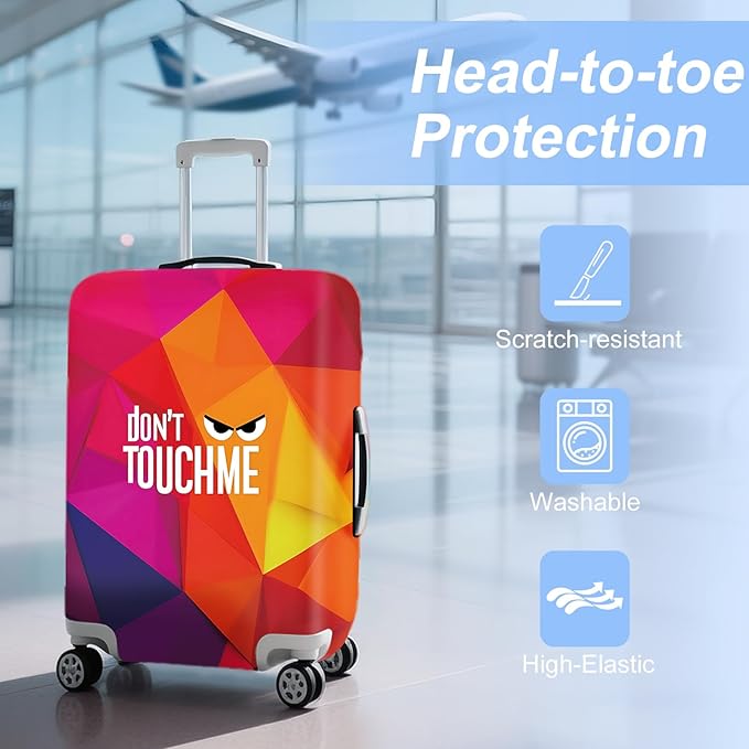Don't Touch Me Funny Travel Luggage Cover-Neon Geometric Stretchable Airplane Suitcase Protector Sleeve,Universal Washable Fit for 20-26 Inch Checked Baggage,Water Resistant Durable Luggage Protector