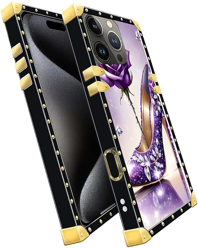 Compatible with iPhone 16 Pro Max Case, High Heeled Purple Diamond Rose Luxury Golden Decoration for Girl Women Soft TPU Shockproof Protective Hard PC Back for iPhone 16 Pro Max