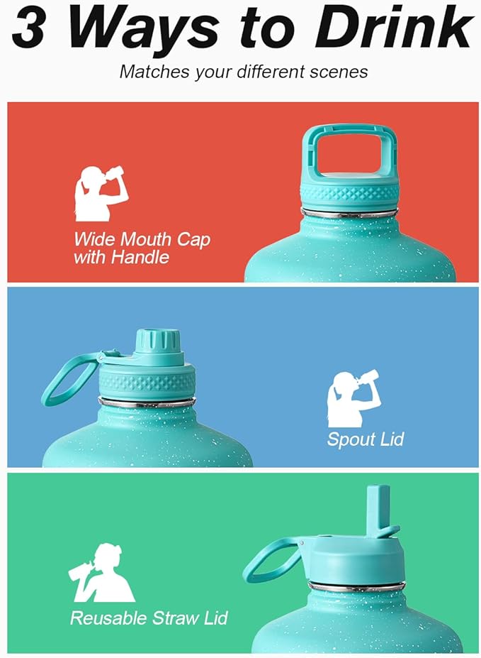 Coolflask 128 oz Gallon Water Bottle Insulated with Straw&3 Lids, Water Jug Large Stainless Steel Metal Vacuum Wide Mouth for Sports, Gym or Office, Non-BPA Keep Cold 48H Hot 24H, Glacier Blue