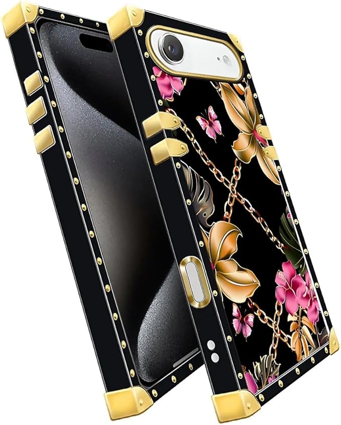 for iPhone 17 Air Case Luxury Golden Decoration for Girl Women Soft TPU Shockproof Protective Hard PC Back for iPhone 17 Air Crazy Pattern Pink Golden Chain Tropical Flower