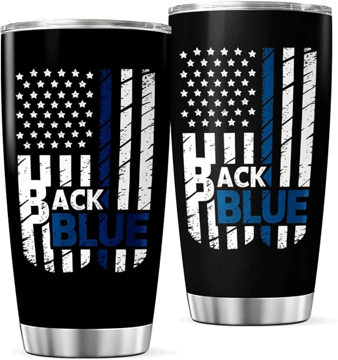 CUBICER Back The Blue American 20 Oz Stainless Steel Tumbler For Police Officers And Law Enforcement Supporters Drink Coffee Tea Heat Hot Cool Mug Travel Bottle Iced