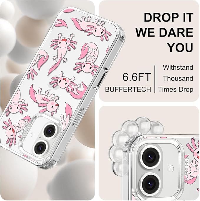 MOSNOVO Case for iPhone 16 Plus, [Buffertech 6.6ft Military-Grade Drop Protection] [Anti Peel Off Tech] Clear TPU Bumper Phone Case Cover Design - Pink Axolotl