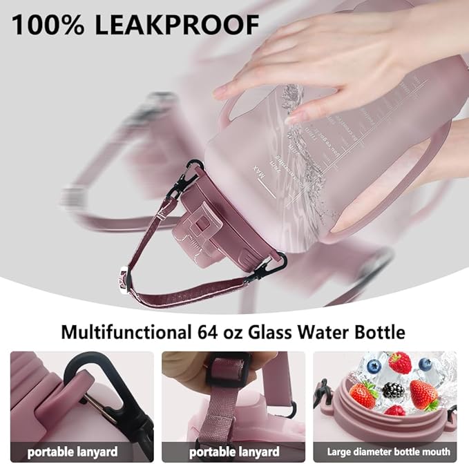 64oz Foldable Silicone Water Bottle with Straw, BPA-Free Motivational Time Marker, Leakproof Collapsible Water Jug with Handle for Gym, Sports, Camping & Outdoor Activities (Pink)