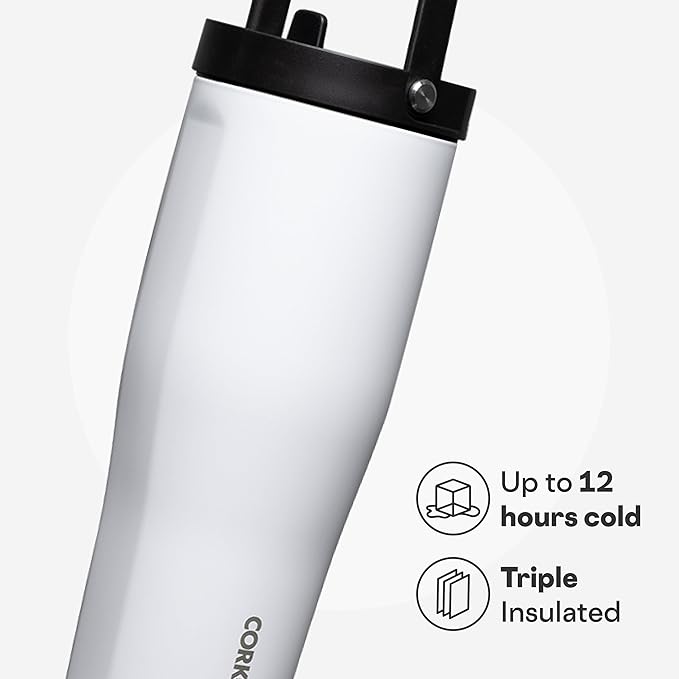 Corkcicle Go Cup XL - Leak-Proof Travel Tumbler - Triple Insulated Stainless Steel Water Bottle - Easy-Carry Handle - Summer Drinkware Gift - Keeps Drinks Ice Cold - 30 oz - Gloss White