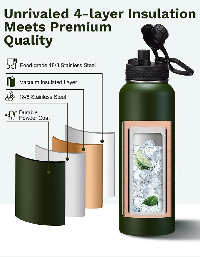 BENZZO 40 oz Canteen Water Bottle with Strap Tactical Insulated Jug Hot Cold Stainless Steel Military Metal Hydro Ideal for Men Hunting Survival Hiking Camping Wide Mouth 100% Leak Proof