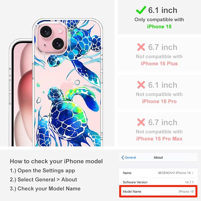 MOSNOVO Case for iPhone 15, [Buffertech 6.6ft Military-Grade Drop Protection] [Anti Peel Off Tech] Clear TPU Bumper Phone Case Cover Design - Sea Turtles