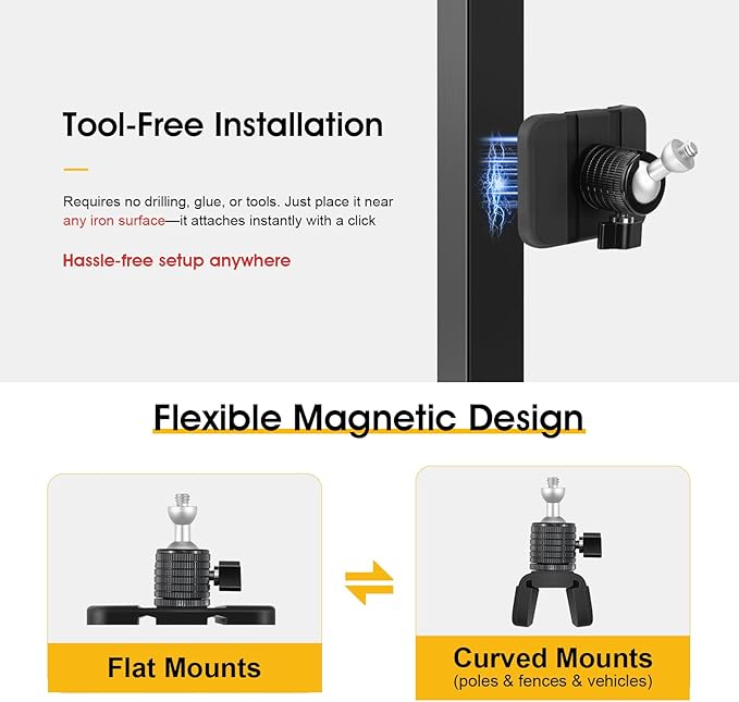 Magnetic Camera Mount with 1/4" Thread for Flat or Curved Steel Surfaces, Flexible Strong Magnet Indoor Outdoor Security Cam Bracket fits for Arlo, Ring, Wyze, Google Nest, Mevo Start