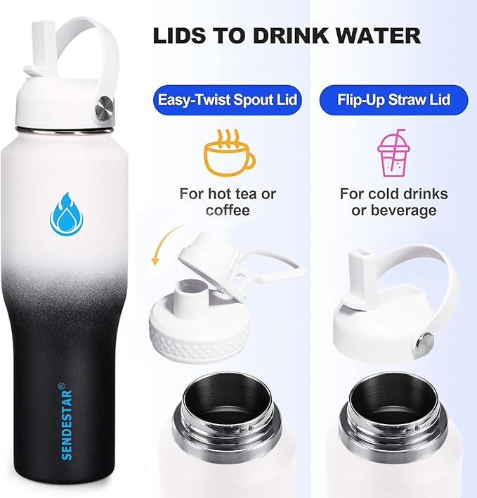 SENDESTAR Water Bottle,Wide Mouth Stainless Steel Vacuum Insulated Double Wall Keep Liquids Cold or Hot All Day,Sweat Proof Sport Design,Fit Car Cup Holder,White Black Gradient,32 Ounces