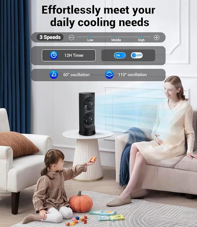 Personal Tower Cooling Fans that Blow Cold Air, Standing Small Desk Fan with 3 Speeds & Timer, 60° & 110° Oscillating Table Fan, Quiet and Safe Electric Floor Fan for Bedroom, Bedside, Home, Office