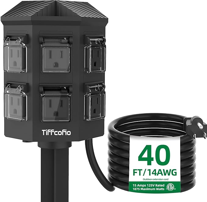 TiFFCOFiO Outdoor Power Strip with Stake Waterproof, 40 FT Extension Cord, 6 Grounded Outlets for Outdoor Lights, 14 AWG, 15A/1875W, ETL Listed
