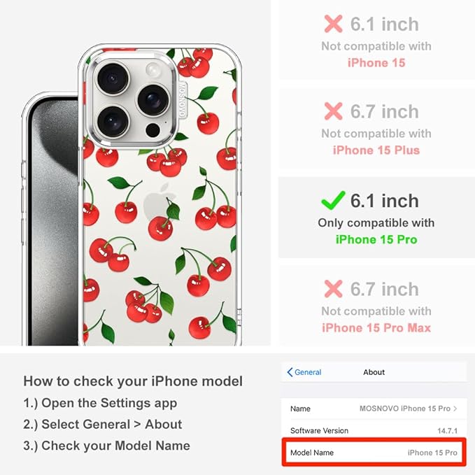 MOSNOVO Case for iPhone 15 Pro, [Buffertech 6.6ft Military-Grade Drop Protection] [Anti Peel Off Tech] Clear TPU Bumper Phone Case Cover Design - Cute Cherry