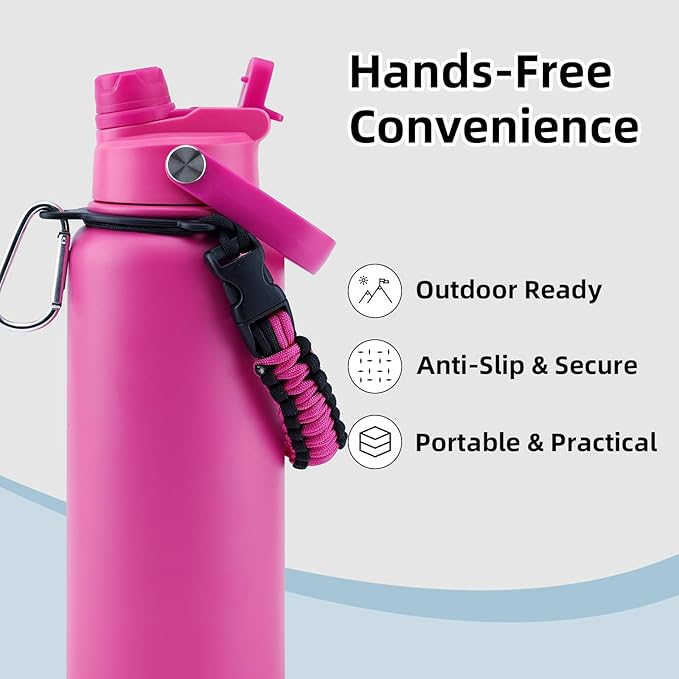 32oz Insulated Water Bottle with 2-in-1 Straw and Spout Lid, 304 Stainless Steel Water Bottle Keep Cold for 24H,Leak-Proof,Sports Water Bottle with Braided Carry Strap for Gym,Travel, Rose Red