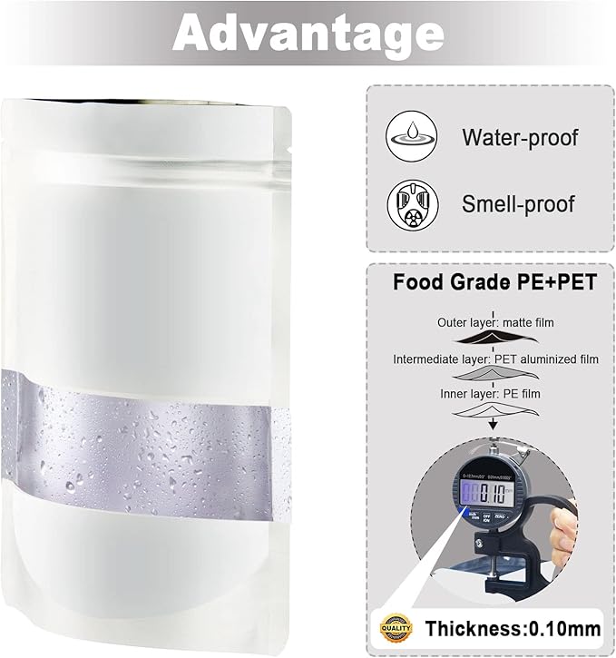 4.7"x7.8" 120pcs Mylar Bags for Food Storage,Smell Proof Bag with Matte Window Resealable Food Storage Bags for Small Business, Stand-up Foil Pouch Packaging Freeze Dried Candy Bag(White)