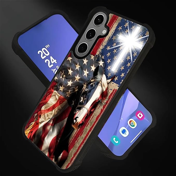 for Samsung Galaxy S24 S25 Plus Case, Red American Flag Horse Cross Pattern Graphic Design Girl Boy Soft Silicone Hard Acrylic Shock Protection for Samsung Galaxy S24 S25 Plus