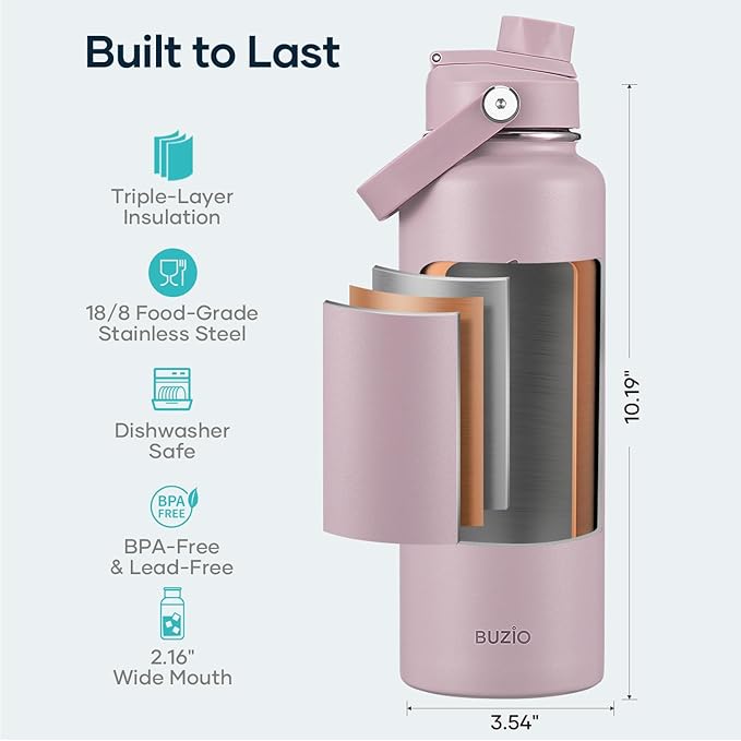 BUZIO 40 oz Water Bottle Insulated, Triple Wall Vacuum Stainless Steel Flask (Cold for 48 Hrs), Leakproof BPA-Free Wide Mouth Metal Jug Hydro Canteen with 2 Lids, Purple