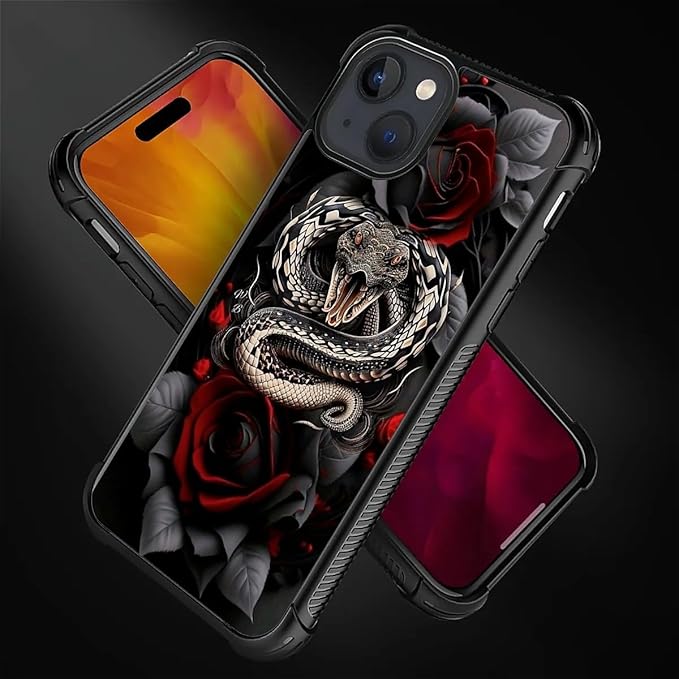 for iPhone 15 Plus Case, Entwined Rose Snake Pattern Graphic Design Girl Boy Soft Silicone Hard Acrylic Shock Protection for iPhone 15 Plus