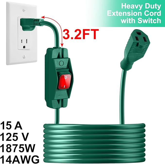 Outdoor Waterproof On/Off Switch Extension Cord, Heavy Duty 125v/250v SJTW Cord (15 Ft, Green)