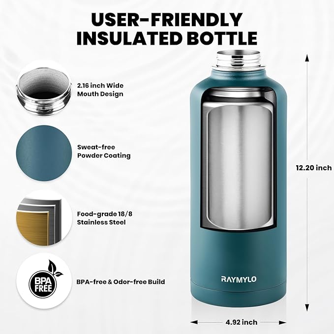 RAYMYLO Insulated Water Bottle 87 oz, Triple Wall Vacuum Stainless Steel (Cold for 48 Hrs), Leak Proof & Non-BPA, Modern Water Flask Jug with Paracord Handle & Straw Spout Lids, Dark Green