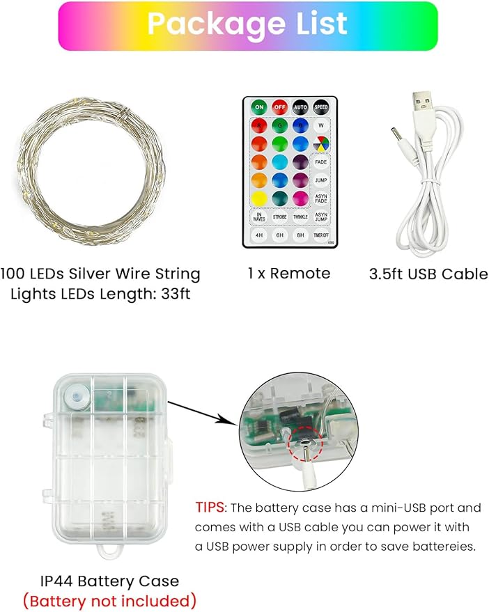 RGB Color Changing 33Ft 100LED 4th of July Fairy Lights Battery Operated, Waterproof String Lights USB Powered with Timer for Indoor & Outdoor, 18 Colors & Multicolor for Independence Day Memorial Day
