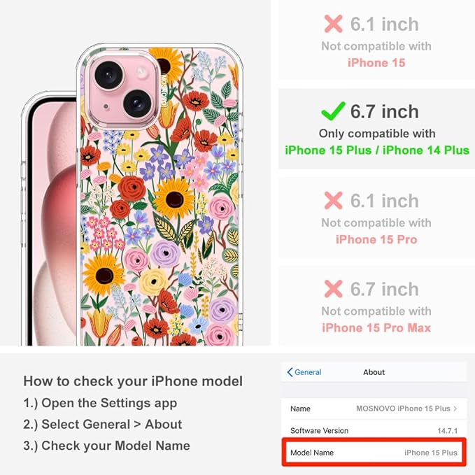 MOSNOVO Case for iPhone 15 Plus/iPhone 14 Plus, [Buffertech 6.6ft Military-Grade Drop Protection] [Anti Peel Off Tech] Clear TPU Bumper Phone Case Cover Design - Blossom & Bloom