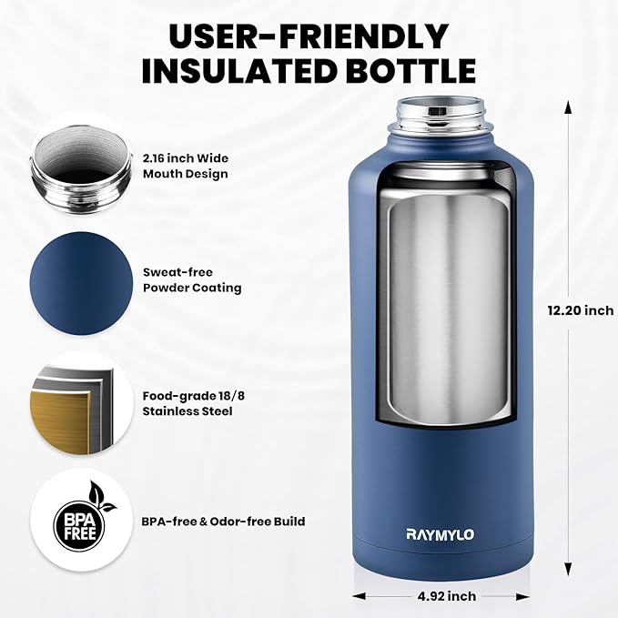 RAYMYLO Insulated Water Bottle 87 oz, Triple Wall Vacuum Stainless Steel (Cold for 48 Hrs), Leak Proof & Non-BPA, Modern Water Flask Jug with Paracord Handle & Straw Spout Lids, Navy Blue