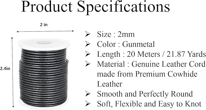 GENIQUE Real/Genuine Round Leather String Cord for Necklace, Bracelets, Jewelry, Kumihimo Braiding, DIY Projects (20 Metres) (2mm, Gunmetal Metallic)