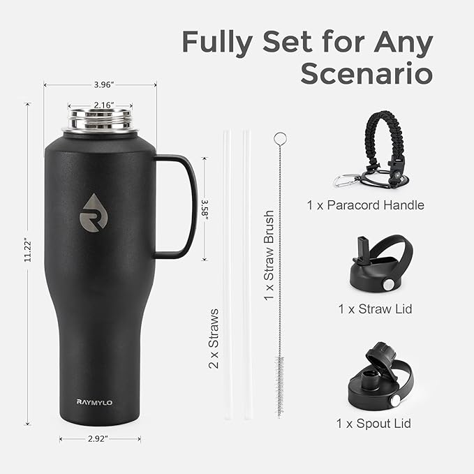 RAYMYLO Insulated Water Bottle 40oz (Cold for 48 Hrs), Stainless Steel Water Bottle with Handle & Straw Lid & Paracord Handle, Triple Wall Vacuum Leakproof Travel Flask, Fit in Any Car Cup Holder