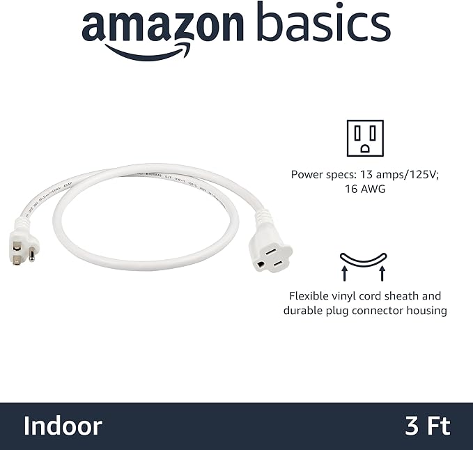 Amazon Basics Extension Cord, 3 Ft, 3-Prong Outlet Extender, Indoor Use, 13 Amps, 125V, White, 2-Pack