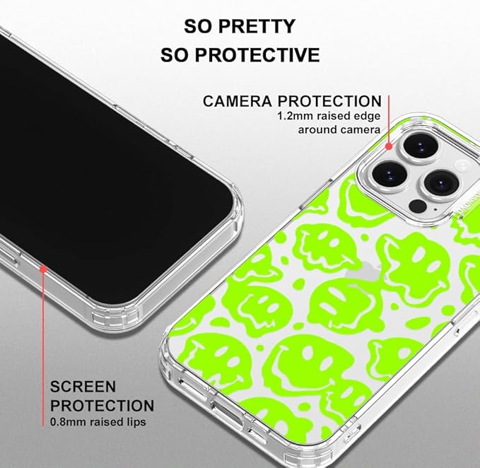 MOSNOVO Case for iPhone 16 Pro, [Buffertech 6.6ft Military-Grade Drop Protection] [Anti Peel Off Tech] Clear TPU Bumper Phone Case Cover Design - Distorted Green Smiles Face