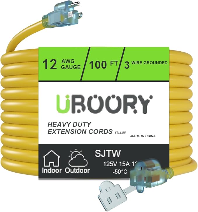 Outdoor Extension Cord Waterproof 100 FT, Yellow 12/3 SJTW Heavy Duty, Flexible 100% Copper 3 Prong Extension Cord for Lawn, Garage,UL Listed