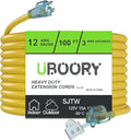 Outdoor Extension Cord Waterproof 100 FT, Yellow 12/3 SJTW Heavy Duty, Flexible 100% Copper 3 Prong Extension Cord for Lawn, Garage,UL Listed