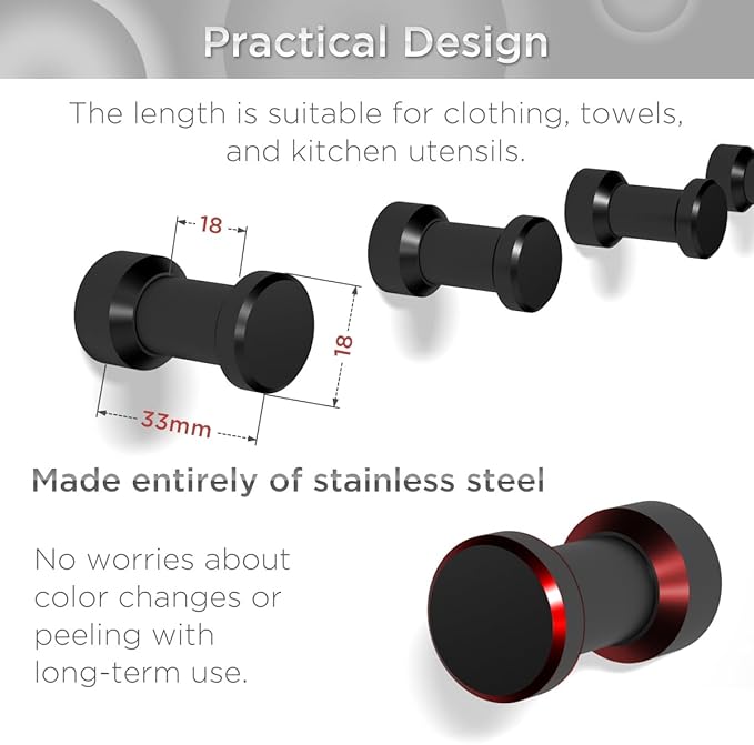 5 Packs CNC Stainless Steel Black Towel Hook：Multipurpose Wall Mount & Adhesive Hooks for Bathroom, Kitchen, Garage | Heavy-Duty Robe & Coat Hangers