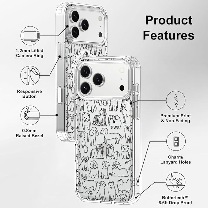 MOSNOVO for iPhone 17 Pro Max Case | Military Grade 6.6ft Drop Tested | Camera Control | Clear with Doodle Dog Design