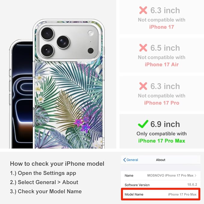 MOSNOVO for iPhone 17 Pro Max Case | Military Grade 6.6ft Drop Tested | Camera Control | Clear with Tropical Rainforests Design