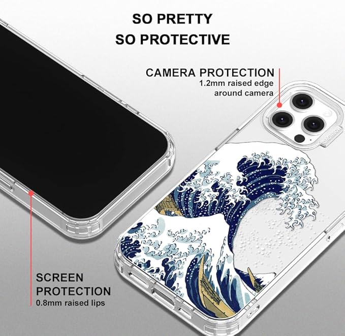 MOSNOVO Case for iPhone 12 & iPhone 12 Pro, [Buffertech 6.6ft Military-Grade Drop Protection] [Anti Peel Off Tech] Clear TPU Bumper Phone Case Cover Design - Great Wave