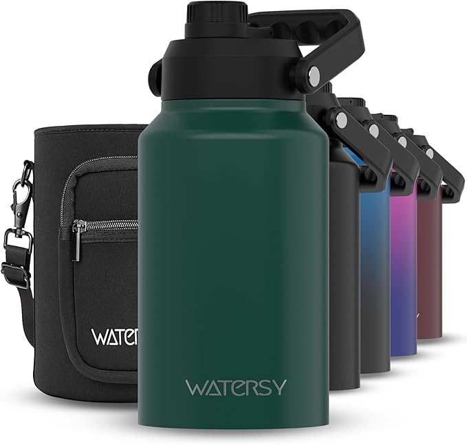 WATERSY 2/3 Gallon Water Bottle Insulated(Cold for 48 Hrs),BPA Free&Leak Proof,87oz Stainless Steel Water Jug/Flask,Big thermo,Large Water Bottle with Handle for Gym,Hiking,Camping,Dark Green