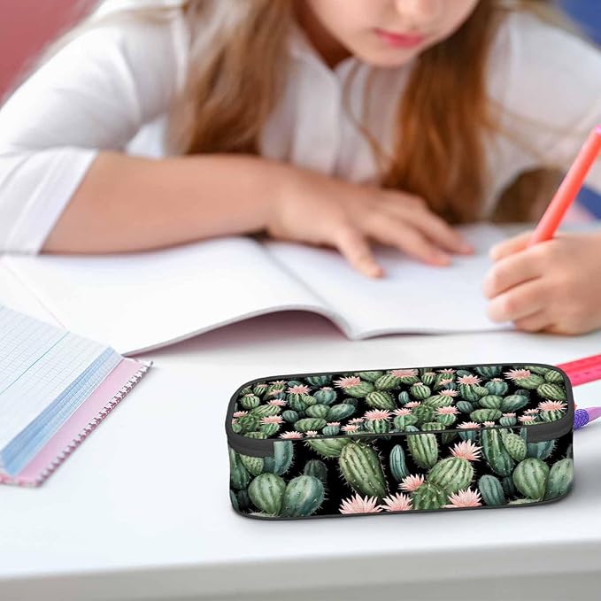 Vintage Cactus Pencil Holder Bag Cute Pink Flower Spikes Summer Pencil Case College Office School for Teens Boy Girl