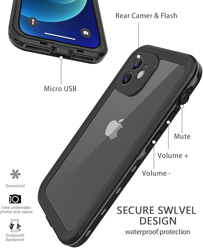 Design for iPhone 12 Waterproof Case, Full Body Shockproof & Dustproof Case with Screen Protector, Black