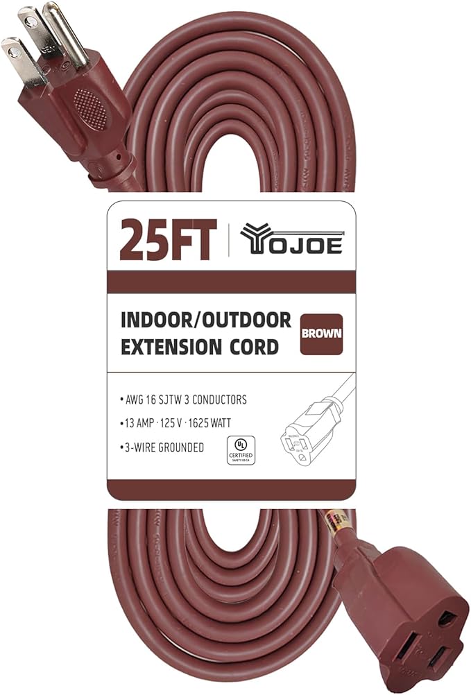 YOJOE Indoor Outdoor Extension Cord, 3 Prong 13A Weatherproof Power Cord, 16 Gauge Heavy Duty 25 ft Brown Extension Cord for Garage, Garden and Home, 16/3 SJTW UL Listed