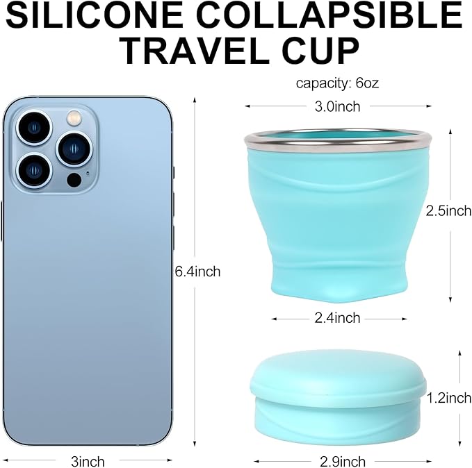 Collapsible Travel Cup with Lid (6oz/180ml) - BPA Free Silicone Folding Cup with Stainless Steel Rim - Portable Pocket Cup for Mouthwash, Pills, Hiking, Camping & Kids(Gulf Blue)