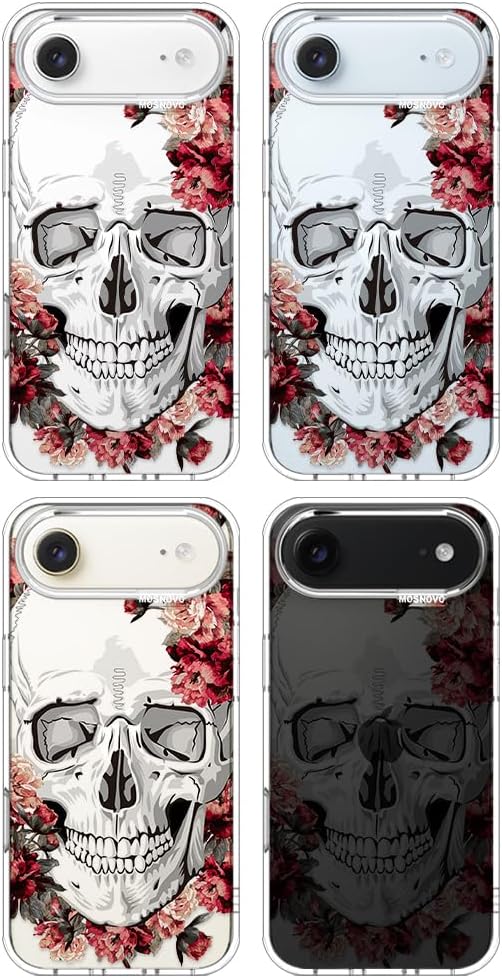 MOSNOVO for iPhone Air Case | Military Grade 6.6ft Drop Tested | Camera Control | Clear with Red Flower Skull Design