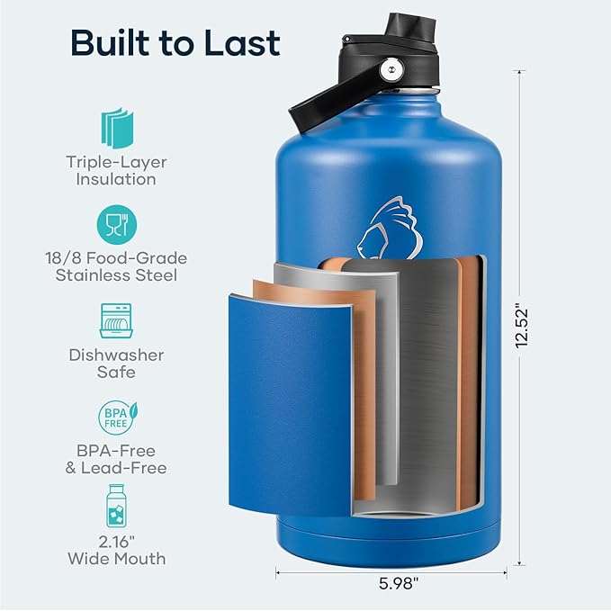 BUZIO 1 Gallon Water Bottle Insulated, 128 oz Large Water Jug Vacuum Stainless Steel Big Metal Flask (Cold for 48 Hrs), Leak Proof & BPA-Free, with Straw and Spout Lids, Blue