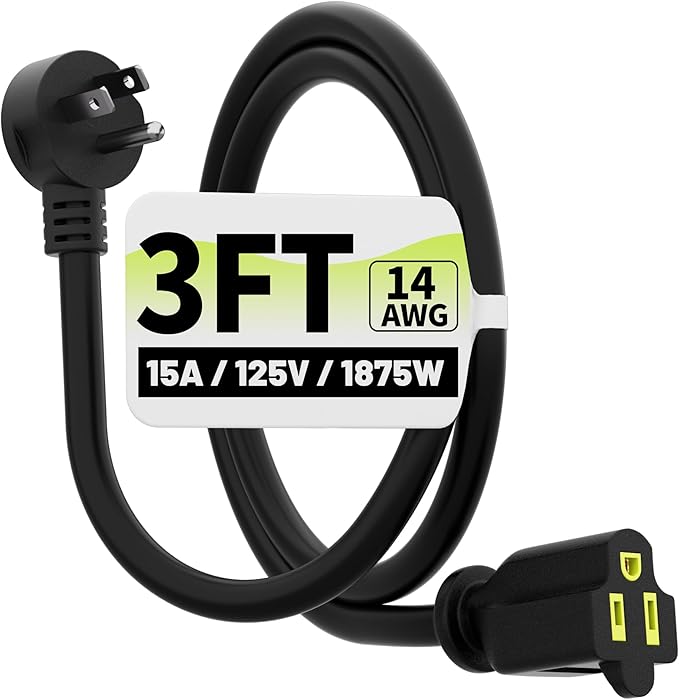 Vockjour 3 FT Black Low Profile Flat Plug 14 Gauge Heavy Duty Extension Cord, 14AWG 3-Wire Grounded Appliance Extension Cord, 15A/125V/1875W SJTW ETL Listed Power Cord