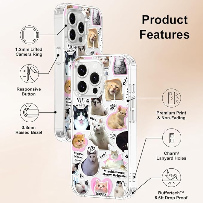 MOSNOVO Case for iPhone 14 Pro Max, [Buffertech 6.6ft Military-Grade Drop Protection] [Anti Peel Off Tech] Clear TPU Bumper Phone Case Cover Design - The Cat Brigade