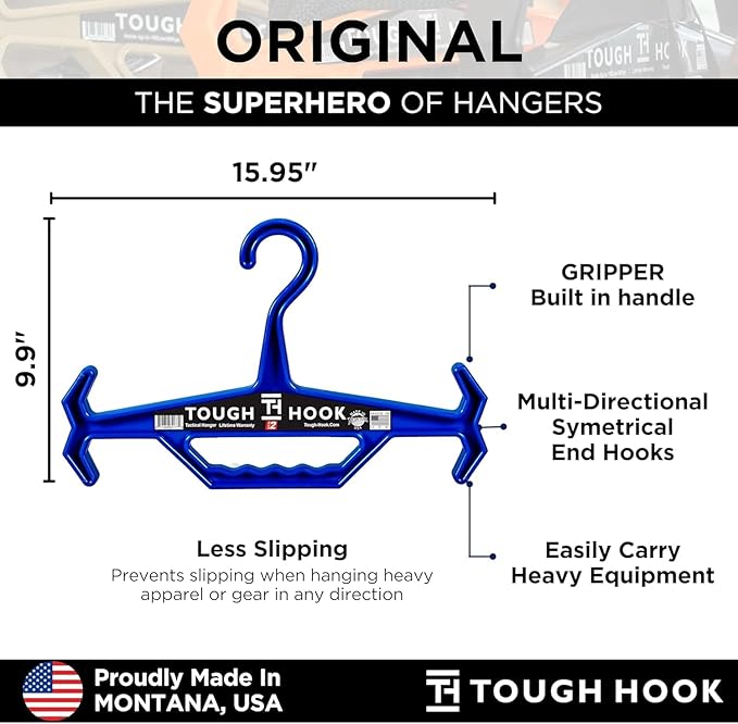 Tough Hook Original Multipurpose Heavy Duty Hanger, USA Made, Anti-Slip, 200 lb Capacity, Ideal for Tactical Gear, Body Armor, Scuba, Fitness Vests, 1 Black Plastic Piece