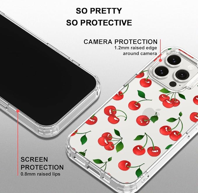 MOSNOVO Case for iPhone 15 Pro Max, [Buffertech 6.6ft Military-Grade Drop Protection] [Anti Peel Off Tech] Clear TPU Bumper Phone Case Cover Design - Cute Cherry