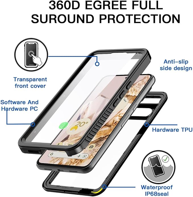 AICase for Google Pixel 8 Case Waterproof Clear Built-in Screen Protector Snowproof,Dustproof,Shockproof,IP68 Certified [Real 360] Full Body Protection Fully Sealed Underwater for Google Pixel 8