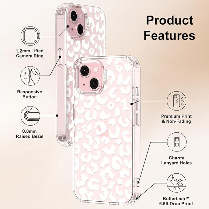 MOSNOVO Case for iPhone 15, [Buffertech 6.6ft Military-Grade Drop Protection] [Anti Peel Off Tech] Clear TPU Bumper Phone Case Cover Design - White Leopard Print