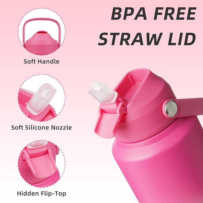 BJPKPK Water Bottle with Straw Lid, 32oz Vacuum Insulated Water Bottles, Metal Stainless Steel Thermo for Sports, Travel, BPA Free Leak Proof Thermo, Cups, Flasks, Tumblers,Cherry