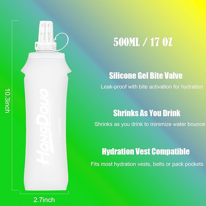 2PCS Running Vest Soft Flask, BPA-Free Soft Flasks 17oz/500ml TPU Collapsible Water Bottle for Hydration Backpack, Folding Running Water Bottles for Marathon Hiking Cycling Climbing